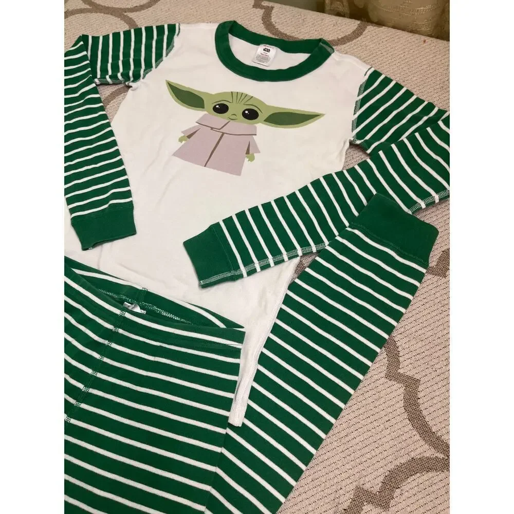 Hanna Andersson Star Wars Baby Yoda Grogu striped pajama set white/green,size 12
